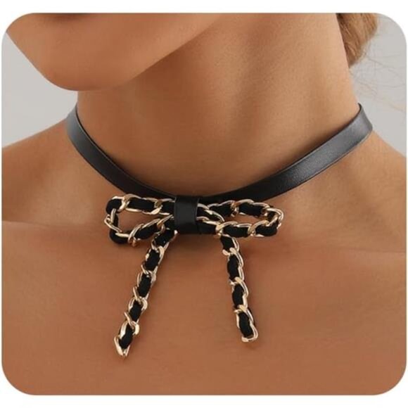 Jewelry - 🎀 Gold & Black Bow Necklace | Dainty Leather Choker | Elegant & Trendy